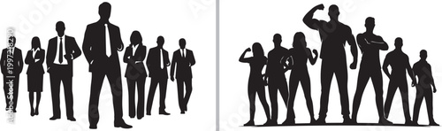 Business team and fitness group silhouettes isolated on white background vector illustration