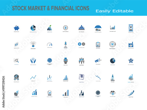 Stock market and financial icons for investment and trading with financial investment business analysis exchange currency portfolio strategy planning security management