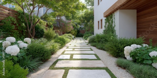 Manicured Garden Path with White Hydrangeas Lush Greenery and Modern Architecture