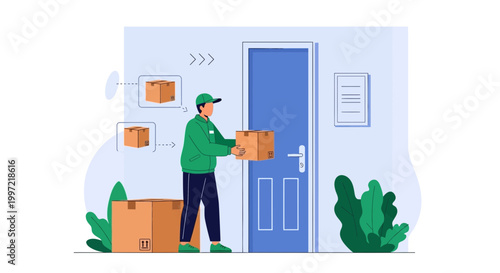 Delivery man with boxes at the door, package delivery service, logistics, e-commerce concept.