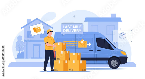 Delivery man with boxes and van for last mile delivery service