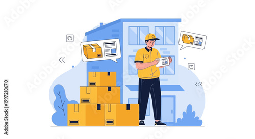 Delivery man with boxes near building, logistics and shipping concept