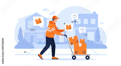 Delivery man with cart and boxes on street, logistics and shipping concept illustration