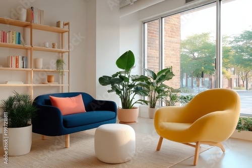 Modern Living Room With Blue Sofa Yellow Armchair Bookshelf and Large Potted Plants
