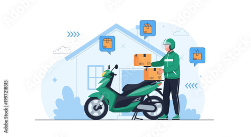 Delivery man with scooter and packages near house, online order concept
