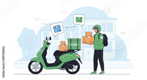 Delivery man with scooter and packages, online shopping, fast delivery service concept