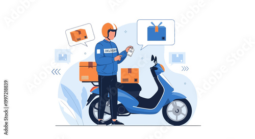 Delivery man with scooter and packages, logistics and shipping concept illustration