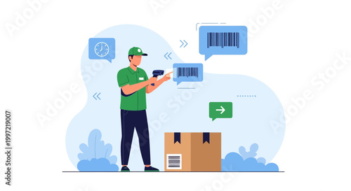 Delivery worker scanning barcode on package, logistics and shipping concept