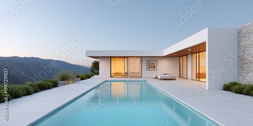 Modern Luxury Villa With Infinity Pool Overlooking Hilly Landscape At Dusk With Warm Interior Lighting