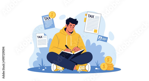 Man Doing Taxes and Managing Finances with Money and Documents