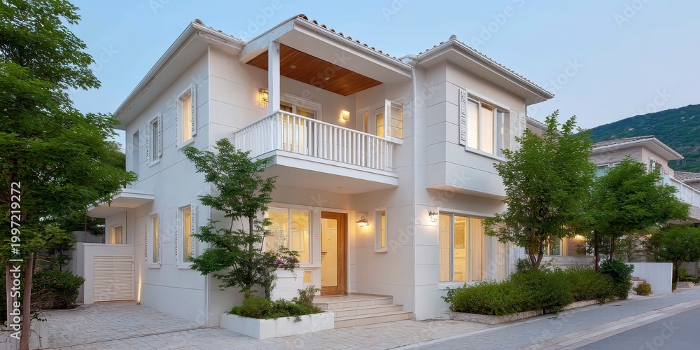 Fototapeta premium Modern White Two Story Luxury Villa With Balcony and Lush Greenery at Dusk