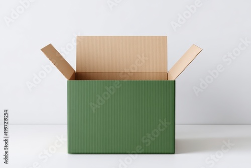 Open Green Cardboard Box Isolated on White Table Against White Backdrop