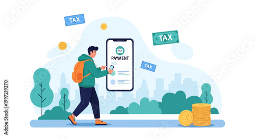 Man paying taxes online via smartphone app, digital payment concept