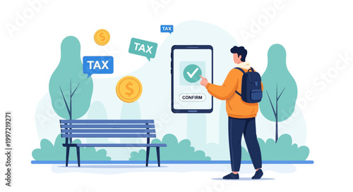 Man paying taxes online via smartphone in park, financial concept