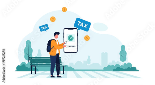 Man paying taxes online with mobile app in park, coins and tax notifications