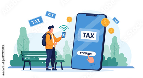 Man paying taxes online via smartphone app, digital finance concept