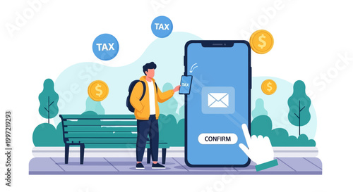Man Pays Taxes Online via Mobile App, Financial Technology Concept