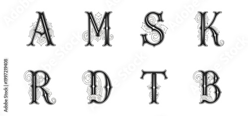 Decorative alphabet letters on black background