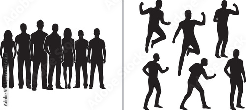 Set of diverse people silhouettes and active men cheering and jumping isolated on white background vector