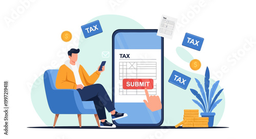 Man Submitting Tax Form Online via Mobile App, Financial Planning and Digital Taxation Concept