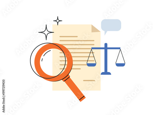 Legal analysis, legal research, documents with magnifier glass, review