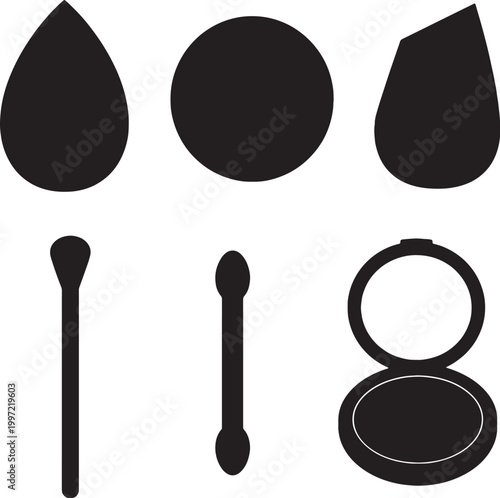 Makeup application tools silhouettes set sponge puff brush mirror applicator vector bundle
