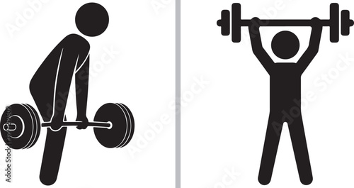 Stick figure weightlifting icons performing deadlift and overhead press isolated on white background vector illustration