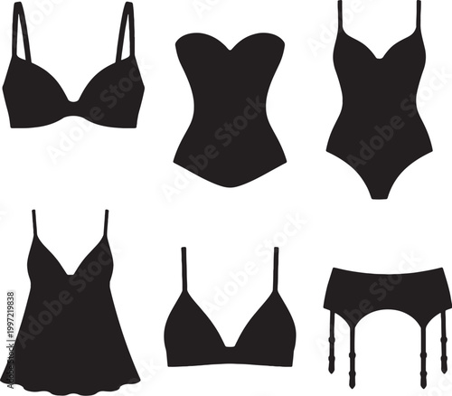 Lingerie silhouettes set black vector bra corset bodysuit babydoll bralette garter belt bundle