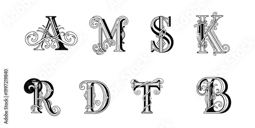 Elegant decorative alphabet letters on black background