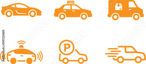 Transportation and car service icons set with taxi delivery autonomous vehicle parking symbols flat orange vector collection isolated on light background