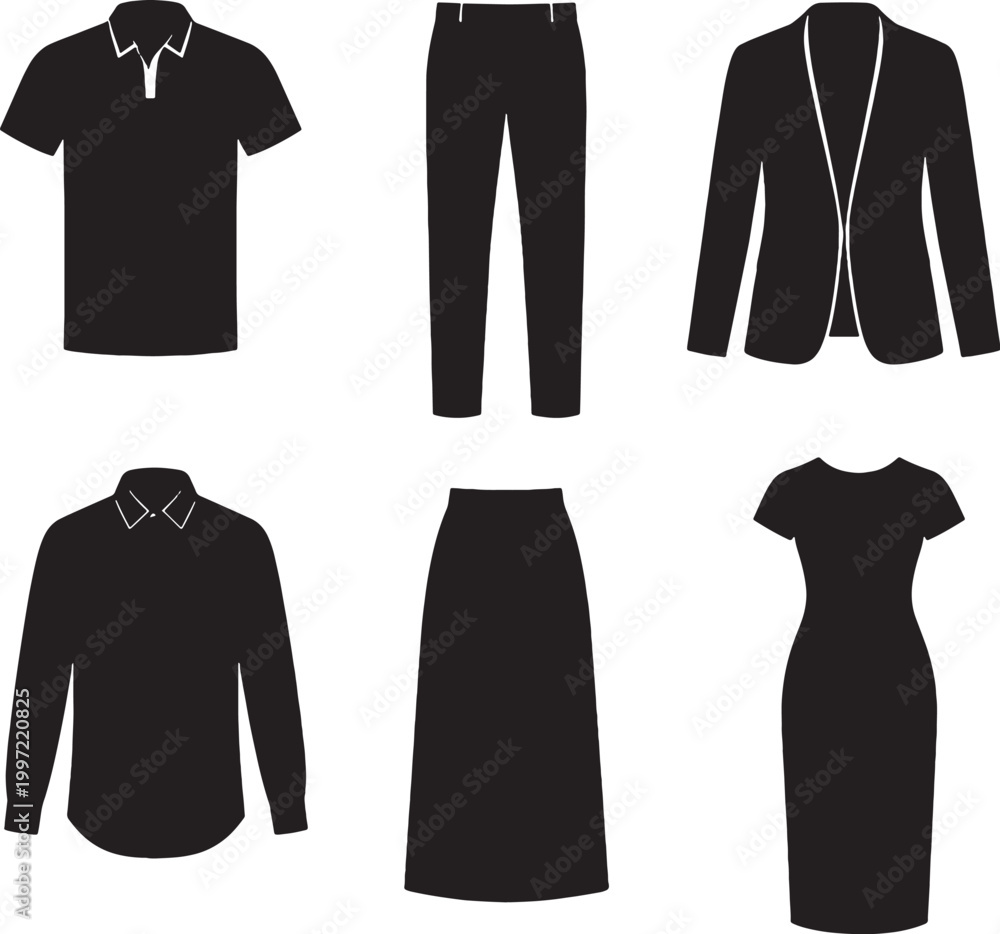 Naklejka premium Business Casual Clothing Silhouettes Set Polo Shirt Blazer Chinos Skirt Dress Vector Bundle
