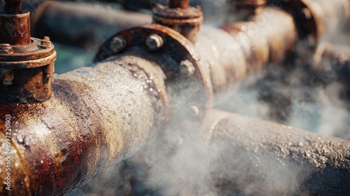 Close-up of corroded, rusty pipes with steam escaping from a leak, suggesting decay and potential hazard