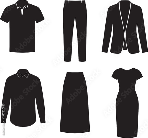 Business Casual Clothing Silhouettes Set Polo Shirt Blazer Chinos Skirt Dress Vector Bundle