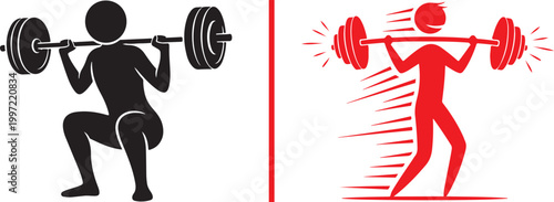 Vector illustration of silhouette figures lifting barbells in squat and overhead press isolated on white background