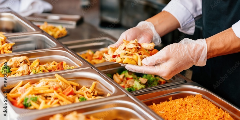 Obraz premium Chef serving food from a buffet line with stainless steel chafing dishes
