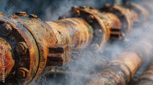 Close-up of corroded, rusty pipes leaking steam and water, showing industrial deterioration and potential hazard