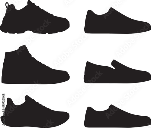 Black sneaker silhouettes bundle chunky dad low top high top slip on running skate shoes vector set