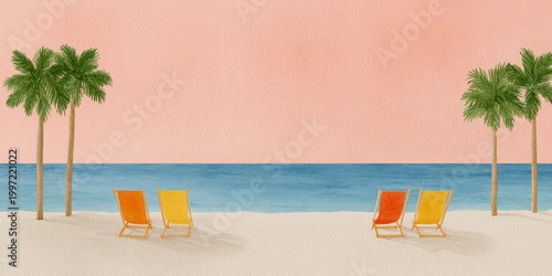 Two Palm Trees On A Sandy Beach With Two Lounge Chairs Facing The Ocean Under A Pink Sky