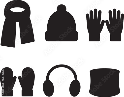 Black winter accessories silhouettes bundle scarf beanie gloves mittens earmuffs neck warmer vector set