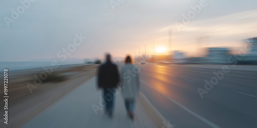 Two People Walking On Sidewalk By The Ocean During Sunset With Cityscape In Background