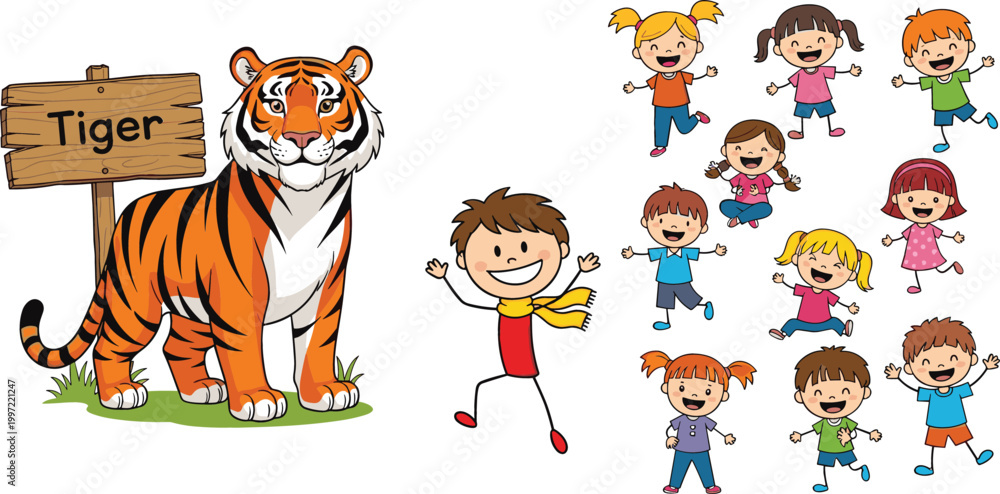 Fototapeta premium Tiger with wooden sign and happy kids illustration set, wildlife and children activity themed vector collection design