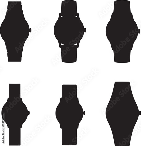 black silhouette watch strap types bundle metal leather rubber mesh fabric integrated minimalist vector set isolated