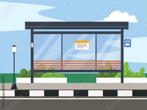 Empty space sidewalk, roadside buildings with garden lights and green bushes