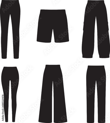 black silhouette pants bundle jeans shorts cargo leggings wide leg trousers minimalist vector set isolated