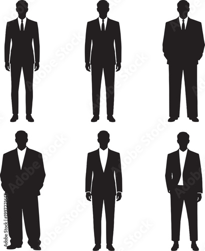 black silhouette men suit bundle slim classic double breasted oversized tuxedo casual minimalist vector set isolated
