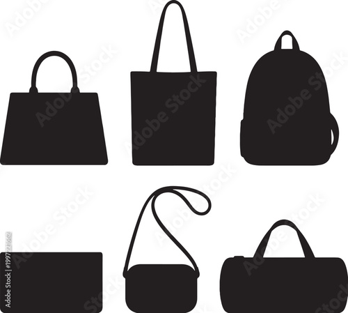 black silhouette bag bundle set handbag tote backpack clutch crossbody duffel minimalist vector isolated