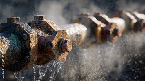 A close-up of a rusty pipe with water leaking and steam escaping from a damaged joint, against a blurred background