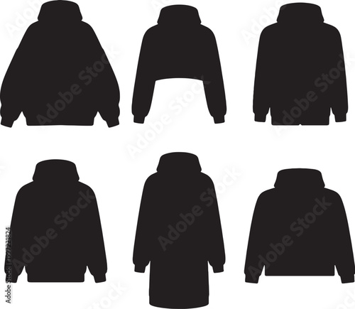 black silhouette hoodie bundle oversized cropped zip pullover longline boxy streetwear minimalist vector set isolated