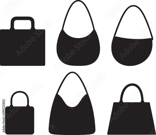black silhouette handbag shapes bundle shoulder saddle hobo mini top handle minimalist vector set isolated