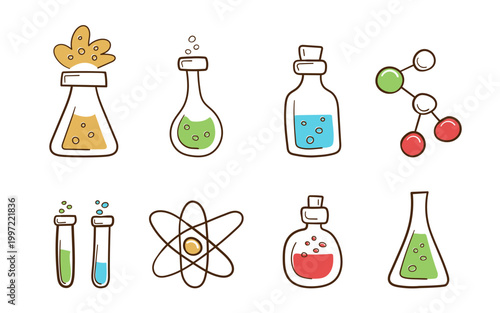 Illustration shows cartoon-style science lab items like flasks, test tubes, and atomic symbol